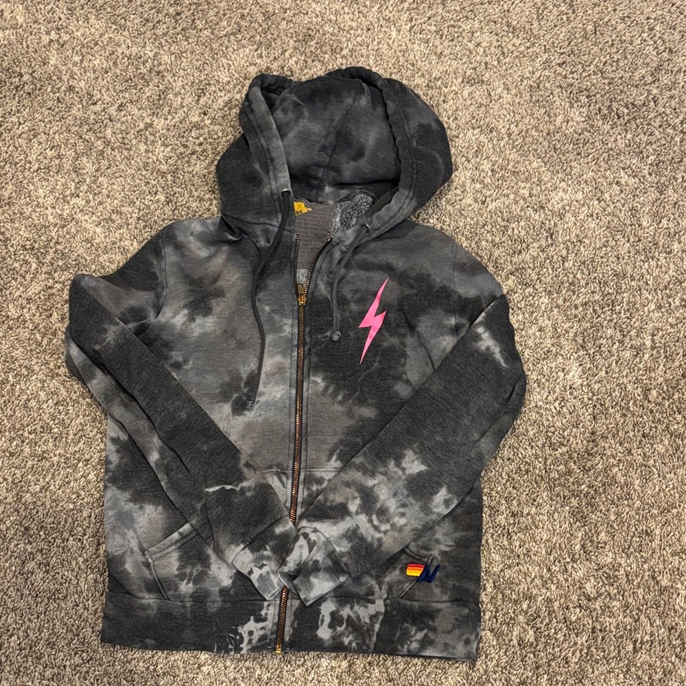 Aviator Nation Charcoal Tie-Dye Hoodie with Pink Lightning